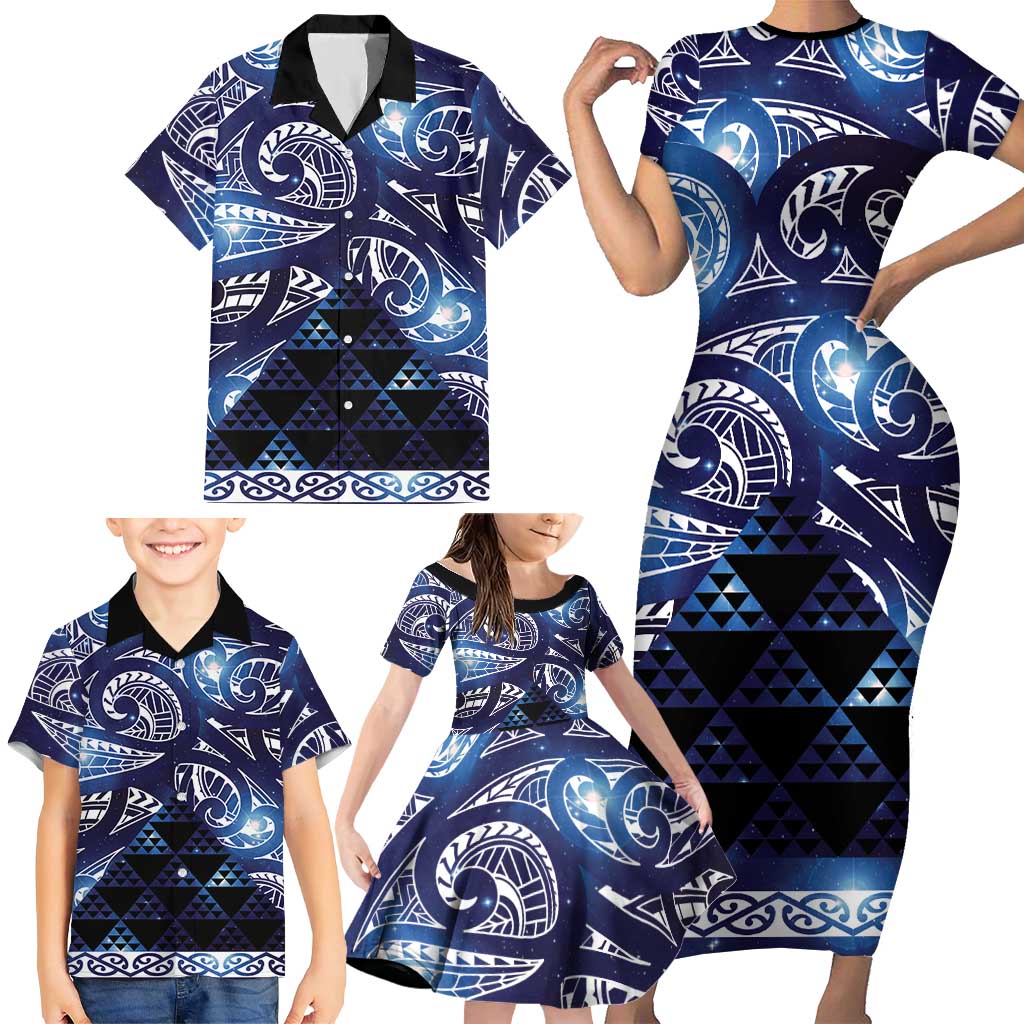 Matariki New Zealand Family Matching Short Sleeve Bodycon Dress and Hawaiian Shirt NZ Niho Taniwha Maori New Year Blue Galaxy
