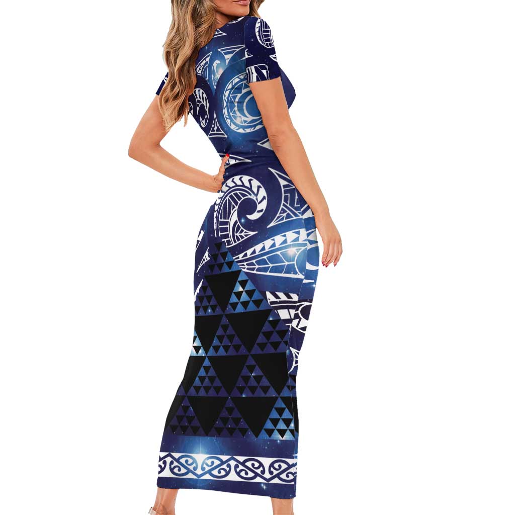 Matariki New Zealand Family Matching Short Sleeve Bodycon Dress and Hawaiian Shirt NZ Niho Taniwha Maori New Year Blue Galaxy