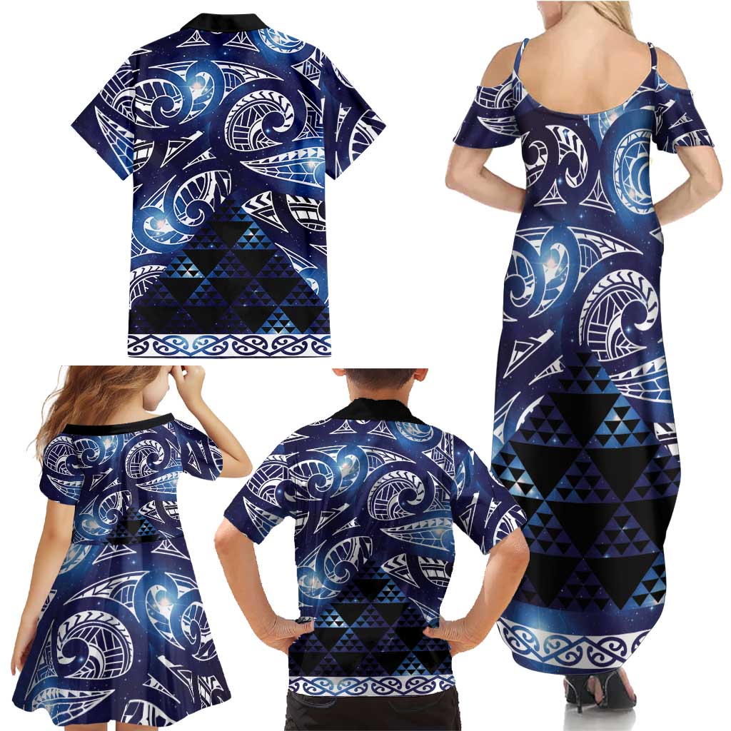 Matariki New Zealand Family Matching Summer Maxi Dress and Hawaiian Shirt NZ Niho Taniwha Maori New Year Blue Galaxy