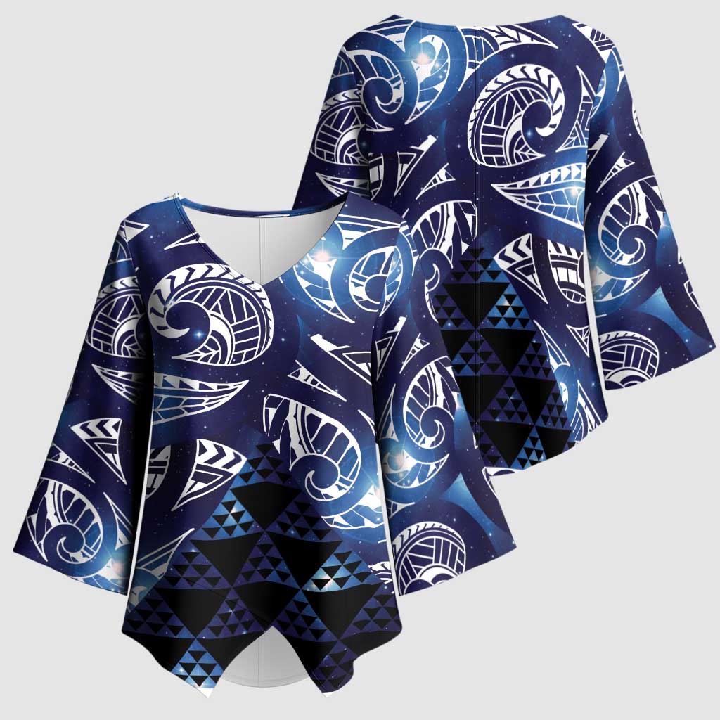 Matariki New Zealand Kimono Sleeve Blouse NZ Niho Taniwha Maori New Year Blue Galaxy LT14 - Polynesian Pride