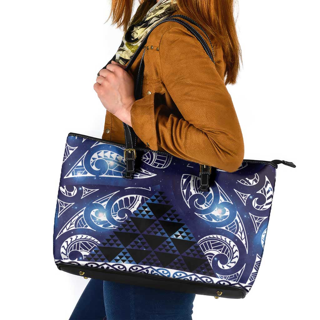Matariki New Zealand Leather Tote Bag NZ Niho Taniwha Maori New Year Blue Galaxy LT14 Blue - Polynesian Pride