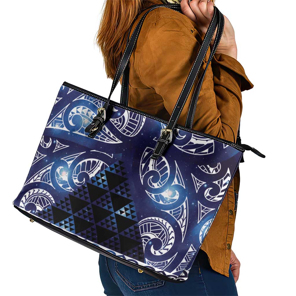 Matariki New Zealand Leather Tote Bag NZ Niho Taniwha Maori New Year Blue Galaxy LT14 - Polynesian Pride