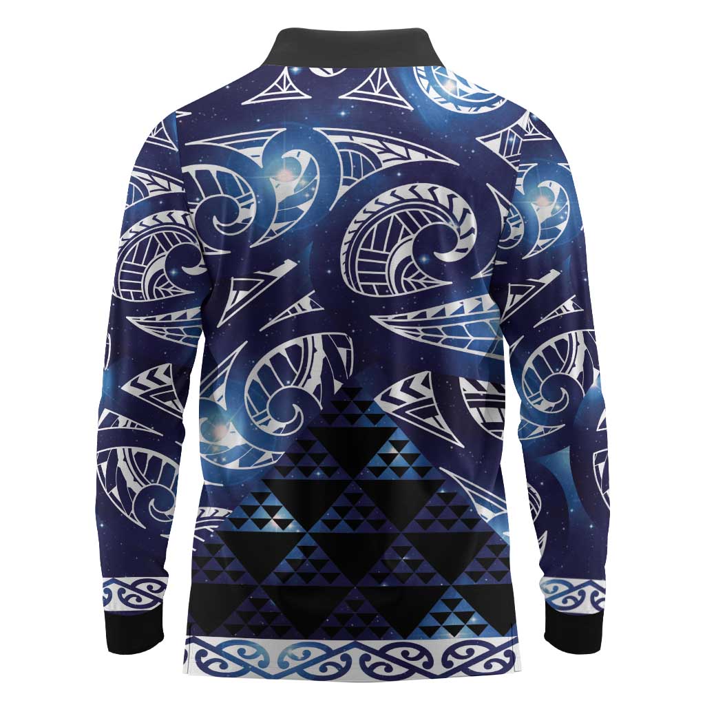 Matariki New Zealand Long Sleeve Polo Shirt NZ Niho Taniwha Maori New Year Blue Galaxy