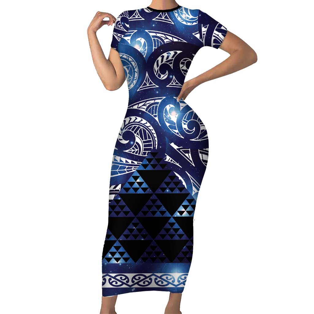 Matariki New Zealand Short Sleeve Bodycon Dress NZ Niho Taniwha Maori New Year Blue Galaxy