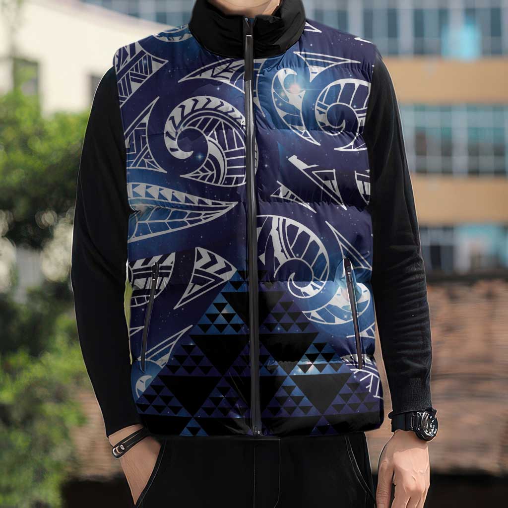Matariki New Zealand Sleeveless Puffer Jacket NZ Niho Taniwha Maori New Year Blue Galaxy