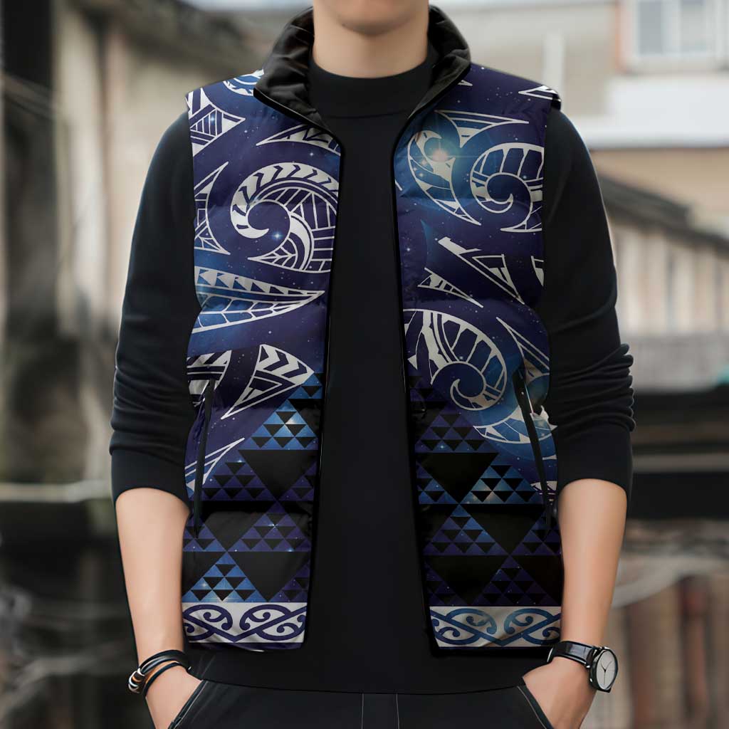 Matariki New Zealand Sleeveless Puffer Jacket NZ Niho Taniwha Maori New Year Blue Galaxy