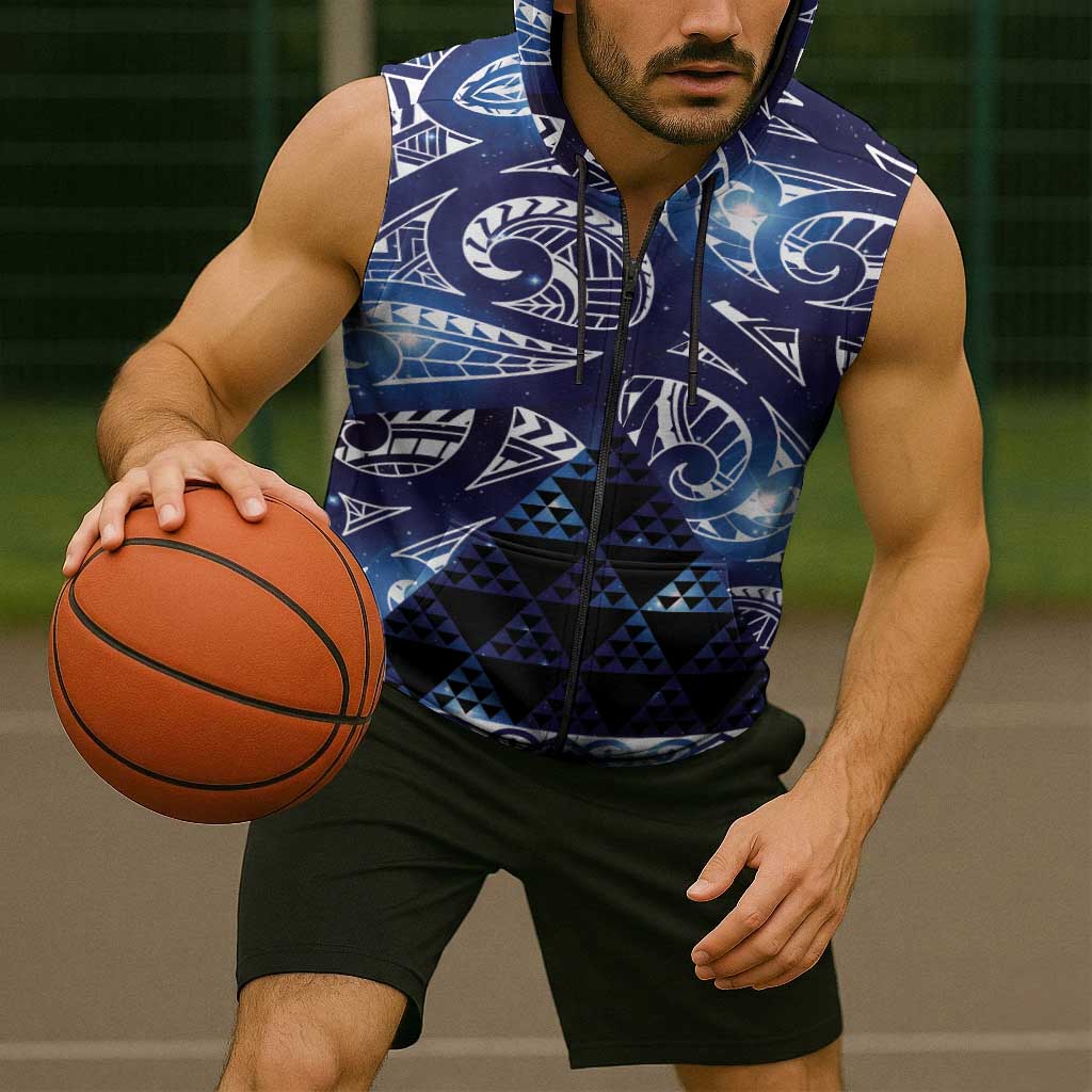 Matariki New Zealand Sleeveless Zip Hoodie NZ Niho Taniwha Maori New Year Blue Galaxy