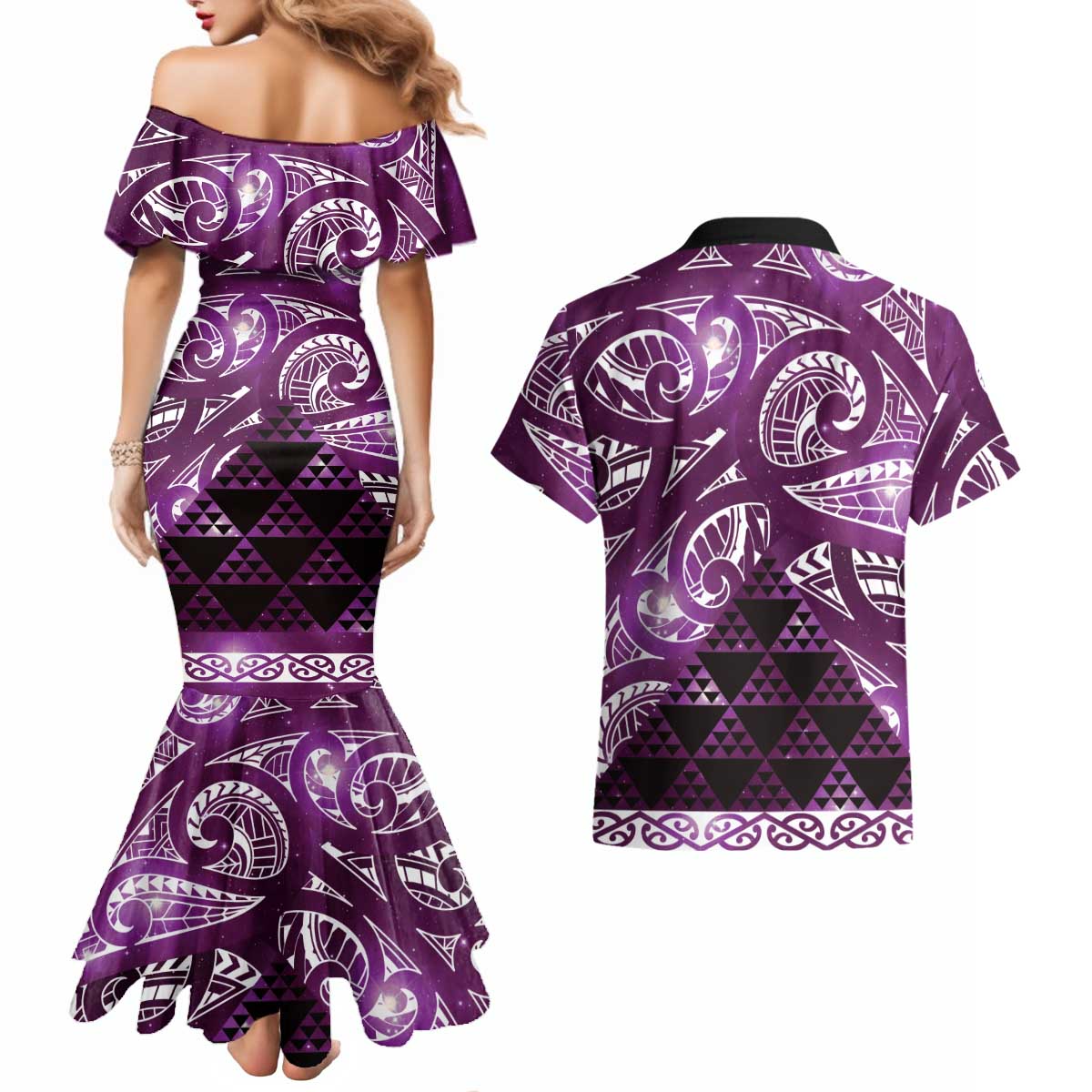 Matariki New Zealand Couples Matching Mermaid Dress and Hawaiian Shirt NZ Niho Taniwha Maori New Year Purple Galaxy
