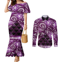 Matariki New Zealand Couples Matching Mermaid Dress and Long Sleeve Button Shirt NZ Niho Taniwha Maori New Year Purple Galaxy