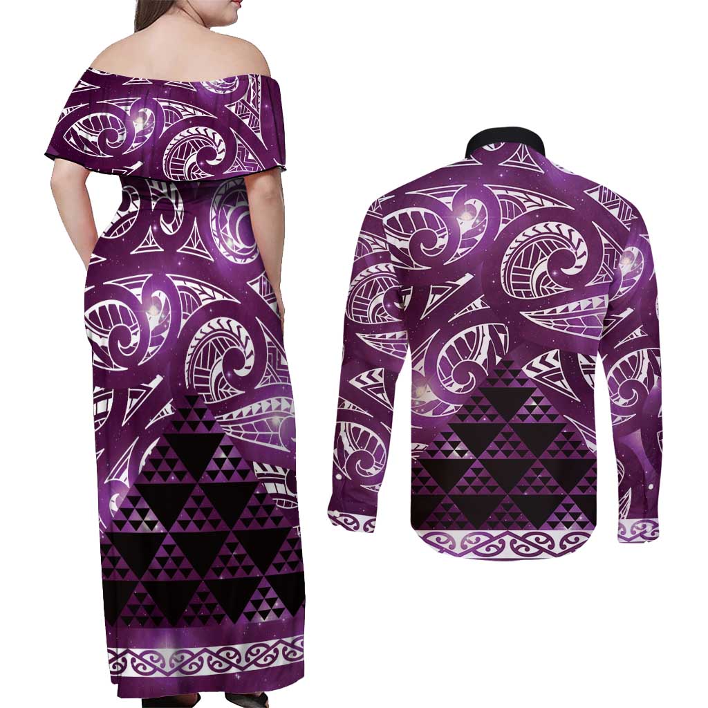 Matariki New Zealand Couples Matching Off Shoulder Maxi Dress and Long Sleeve Button Shirt NZ Niho Taniwha Maori New Year Purple Galaxy