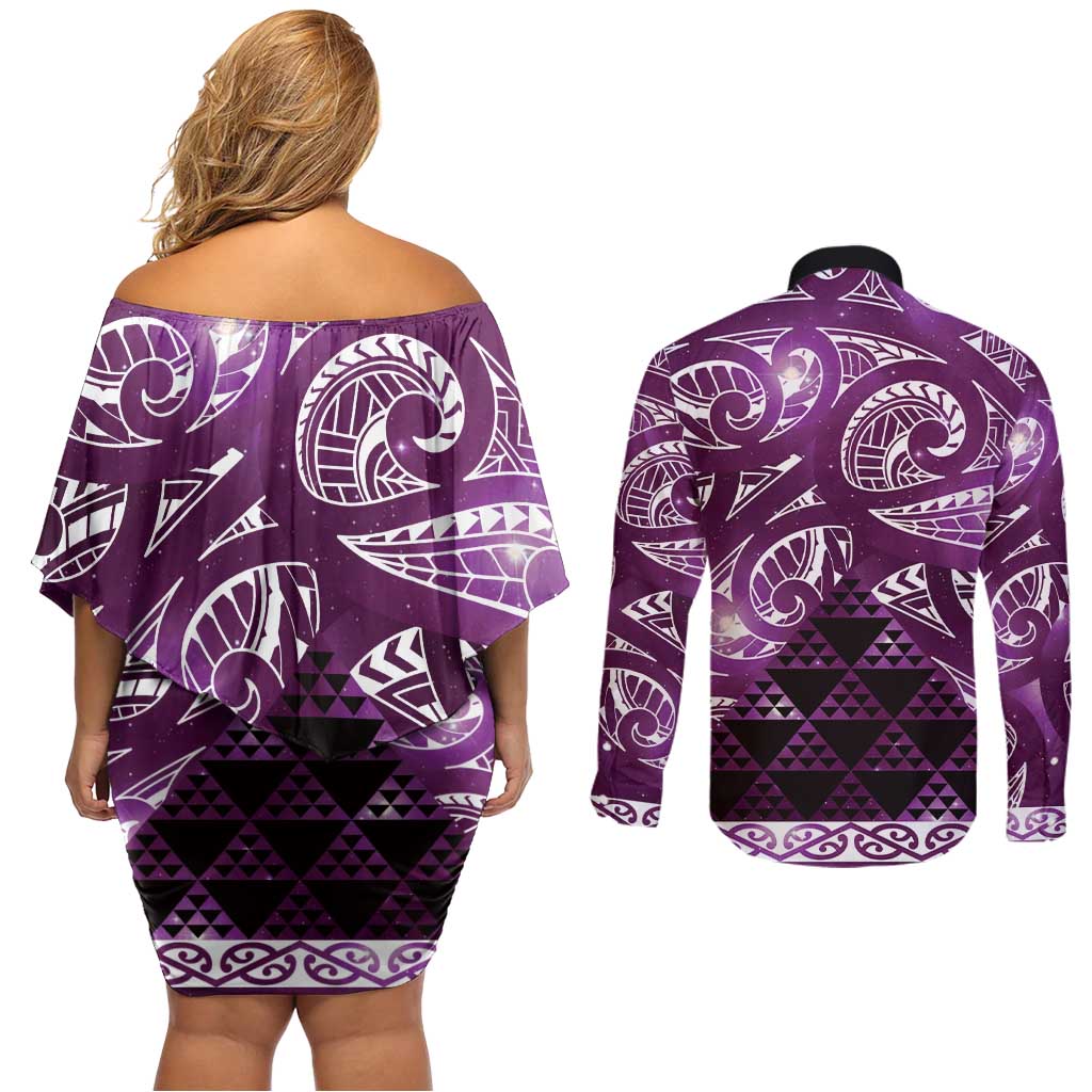 Matariki New Zealand Couples Matching Off Shoulder Short Dress and Long Sleeve Button Shirt NZ Niho Taniwha Maori New Year Purple Galaxy