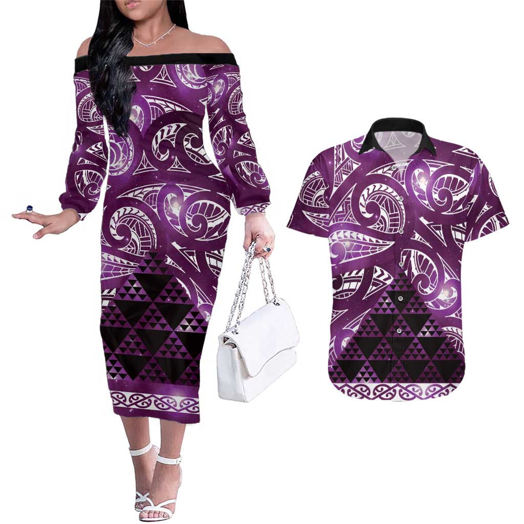 Matariki New Zealand Couples Matching Off The Shoulder Long Sleeve Dress and Hawaiian Shirt NZ Niho Taniwha Maori New Year Purple Galaxy