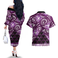 Matariki New Zealand Couples Matching Off The Shoulder Long Sleeve Dress and Hawaiian Shirt NZ Niho Taniwha Maori New Year Purple Galaxy