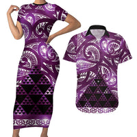 Matariki New Zealand Couples Matching Short Sleeve Bodycon Dress and Hawaiian Shirt NZ Niho Taniwha Maori New Year Purple Galaxy