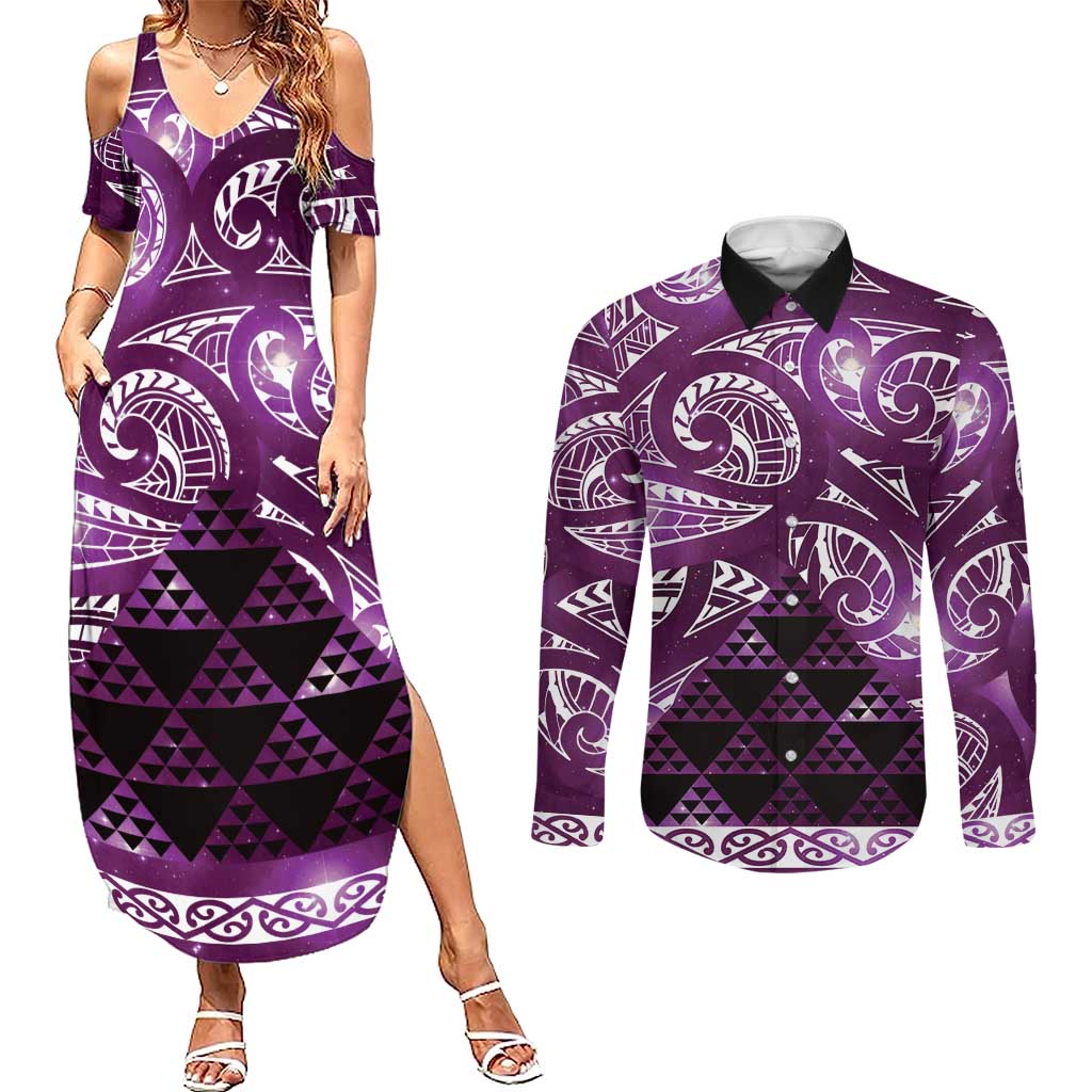 Matariki New Zealand Couples Matching Summer Maxi Dress and Long Sleeve Button Shirt NZ Niho Taniwha Maori New Year Purple Galaxy LT14 Purple - Polynesian Pride