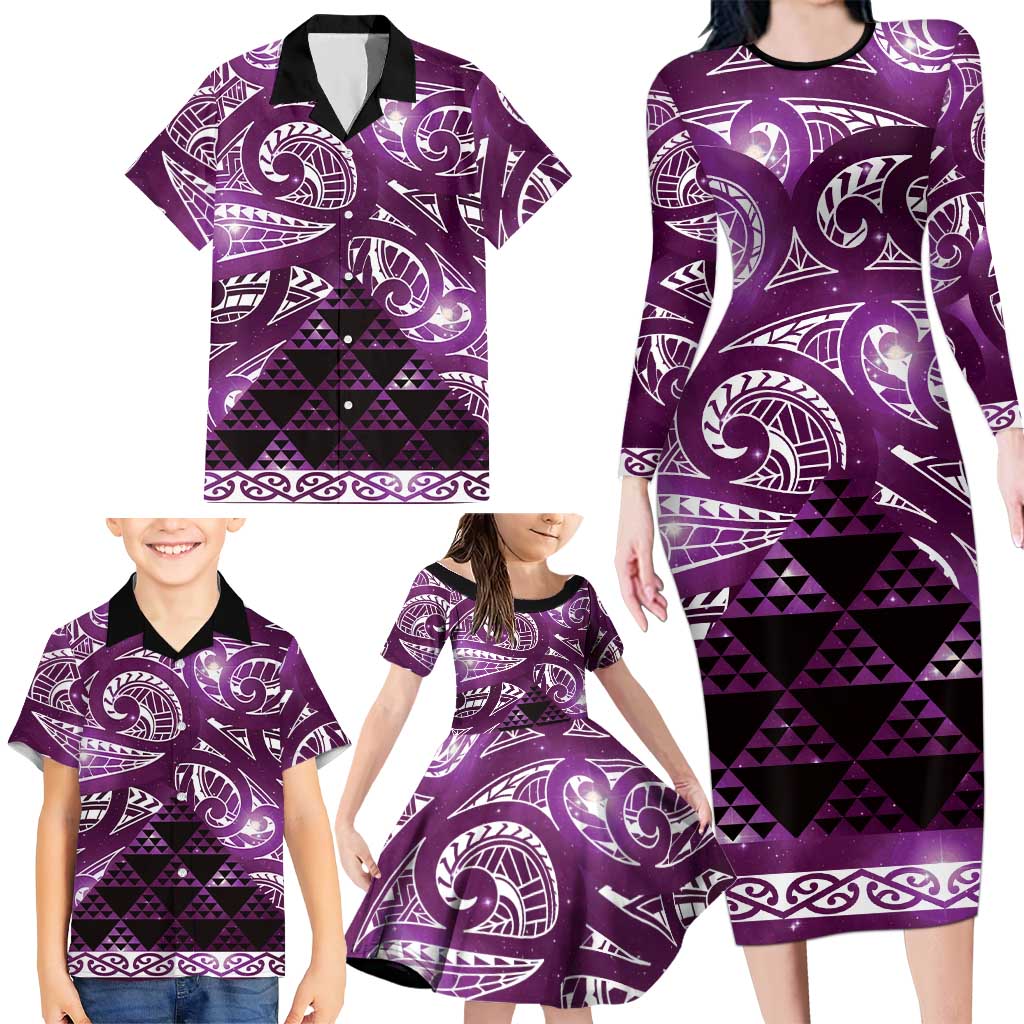 Matariki New Zealand Family Matching Long Sleeve Bodycon Dress and Hawaiian Shirt NZ Niho Taniwha Maori New Year Purple Galaxy