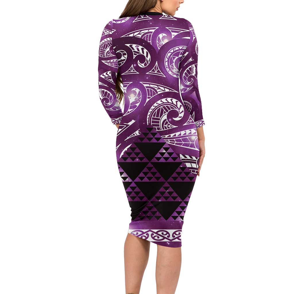 Matariki New Zealand Family Matching Long Sleeve Bodycon Dress and Hawaiian Shirt NZ Niho Taniwha Maori New Year Purple Galaxy