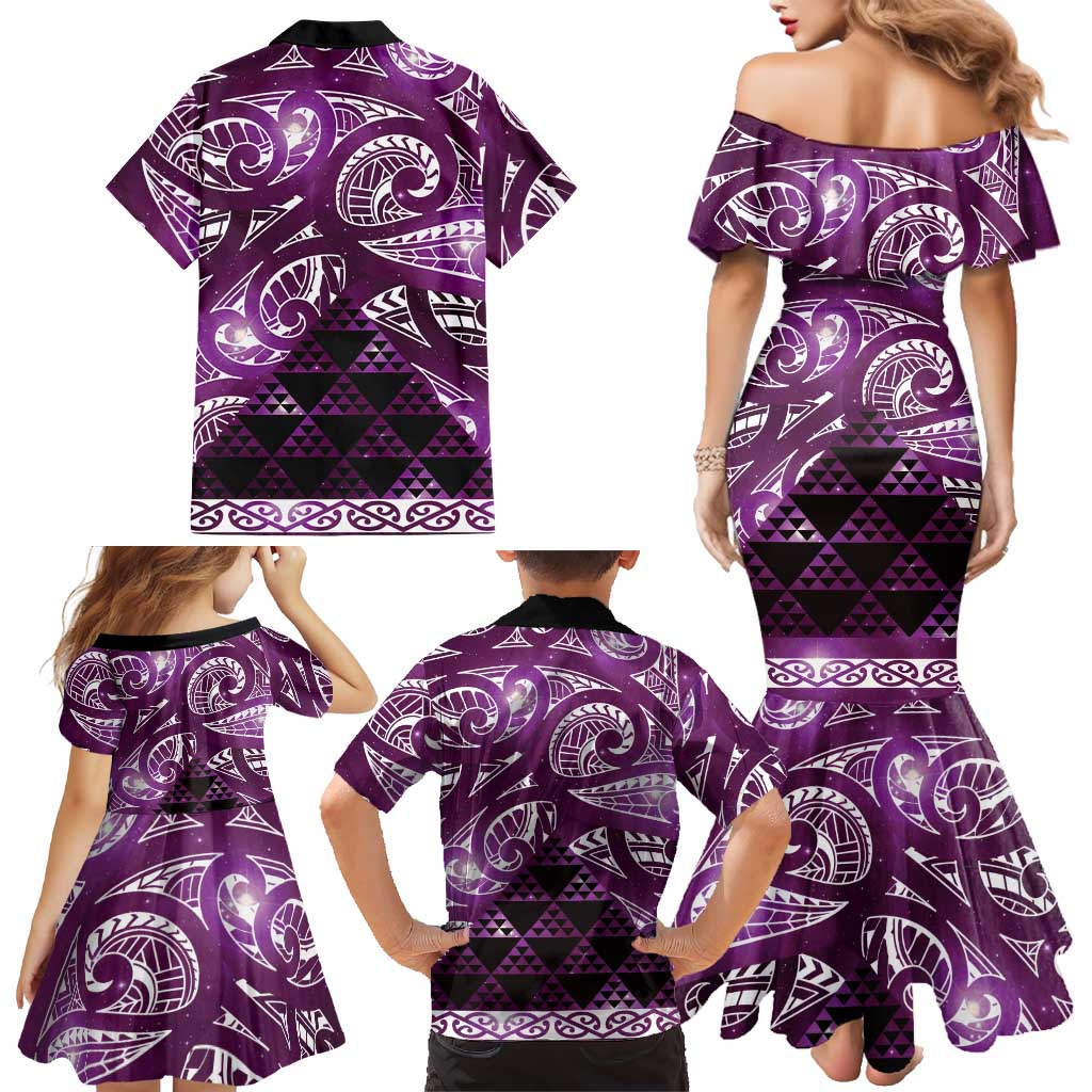 Matariki New Zealand Family Matching Mermaid Dress and Hawaiian Shirt NZ Niho Taniwha Maori New Year Purple Galaxy