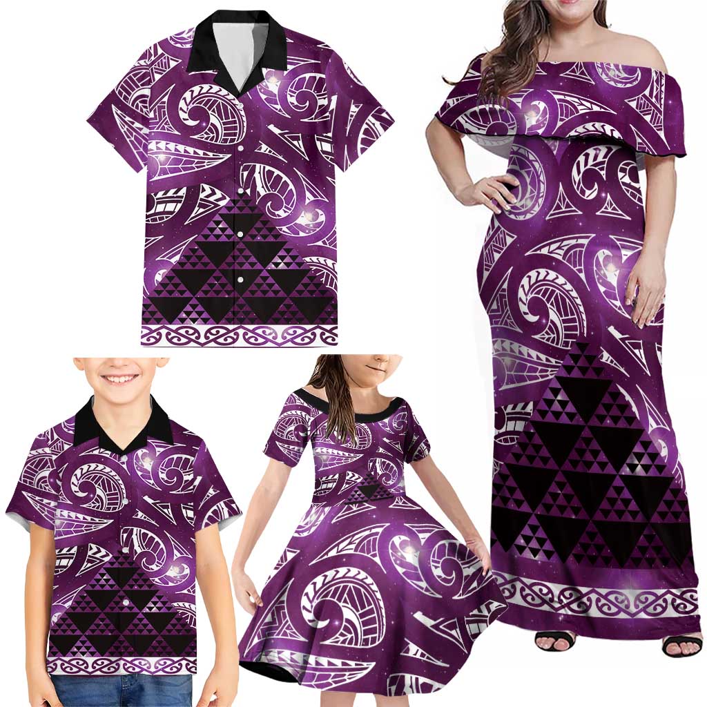 Matariki New Zealand Family Matching Off Shoulder Maxi Dress and Hawaiian Shirt NZ Niho Taniwha Maori New Year Purple Galaxy