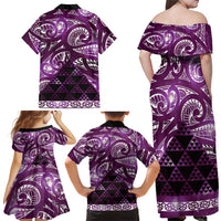 Matariki New Zealand Family Matching Off Shoulder Maxi Dress and Hawaiian Shirt NZ Niho Taniwha Maori New Year Purple Galaxy