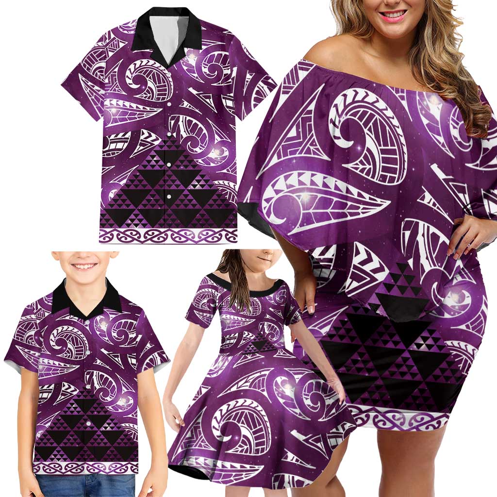 Matariki New Zealand Family Matching Off Shoulder Short Dress and Hawaiian Shirt NZ Niho Taniwha Maori New Year Purple Galaxy