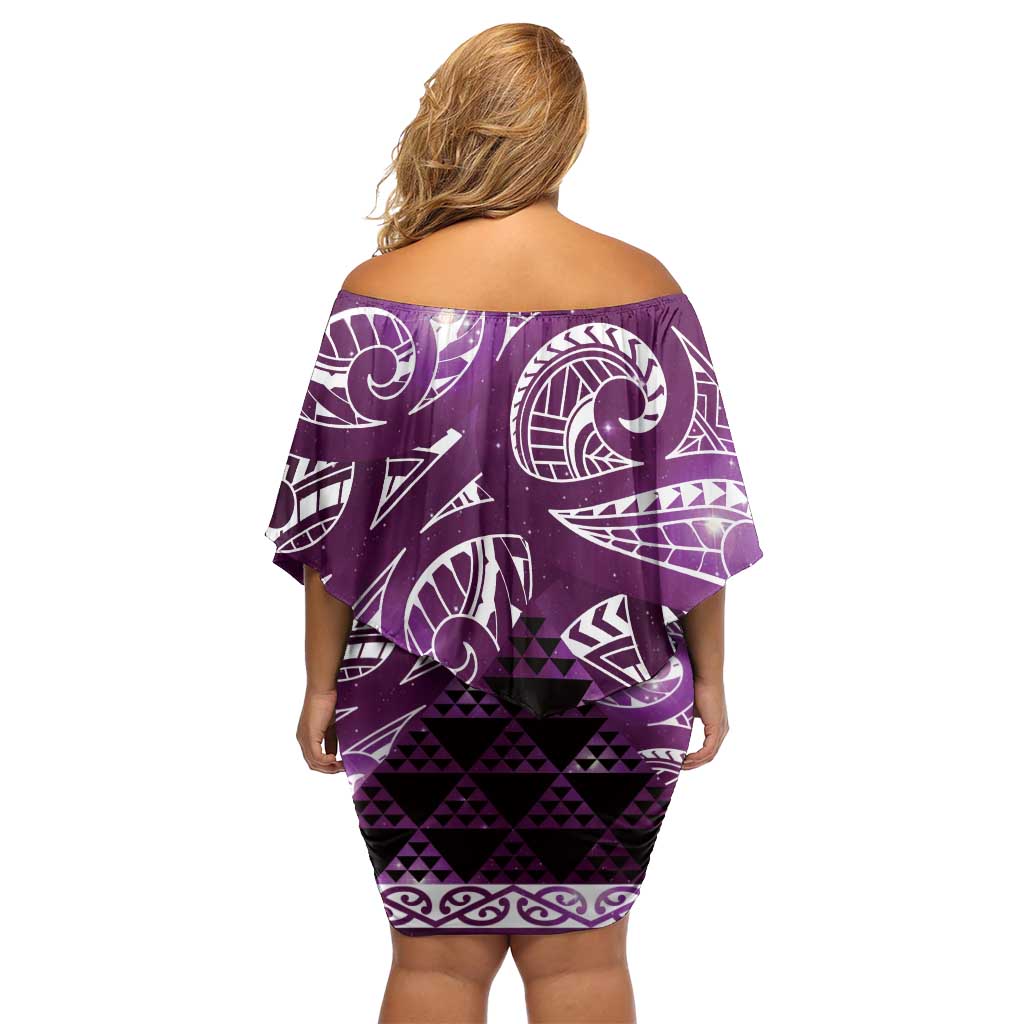 Matariki New Zealand Family Matching Off Shoulder Short Dress and Hawaiian Shirt NZ Niho Taniwha Maori New Year Purple Galaxy