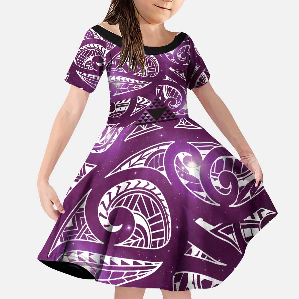 Matariki New Zealand Family Matching Puletasi and Hawaiian Shirt NZ Niho Taniwha Maori New Year Purple Galaxy LT14 Daughter's Dress Purple - Polynesian Pride