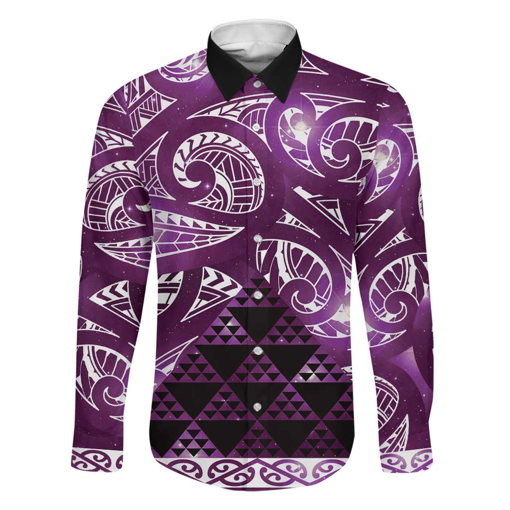 Matariki New Zealand Family Matching Puletasi and Hawaiian Shirt NZ Niho Taniwha Maori New Year Purple Galaxy LT14 Dad's Shirt - Long Sleeve Purple - Polynesian Pride