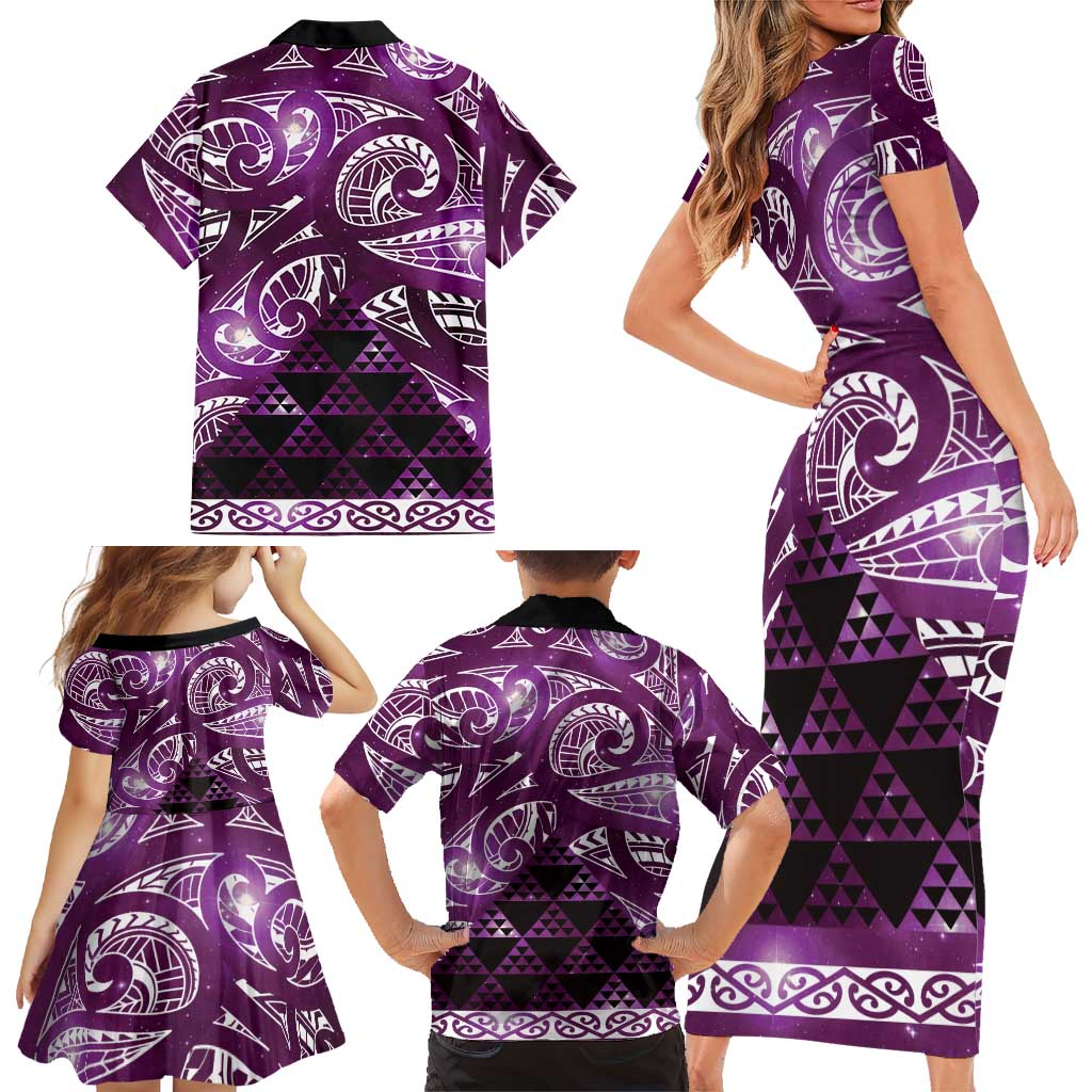 Matariki New Zealand Family Matching Short Sleeve Bodycon Dress and Hawaiian Shirt NZ Niho Taniwha Maori New Year Purple Galaxy