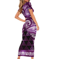 Matariki New Zealand Family Matching Short Sleeve Bodycon Dress and Hawaiian Shirt NZ Niho Taniwha Maori New Year Purple Galaxy