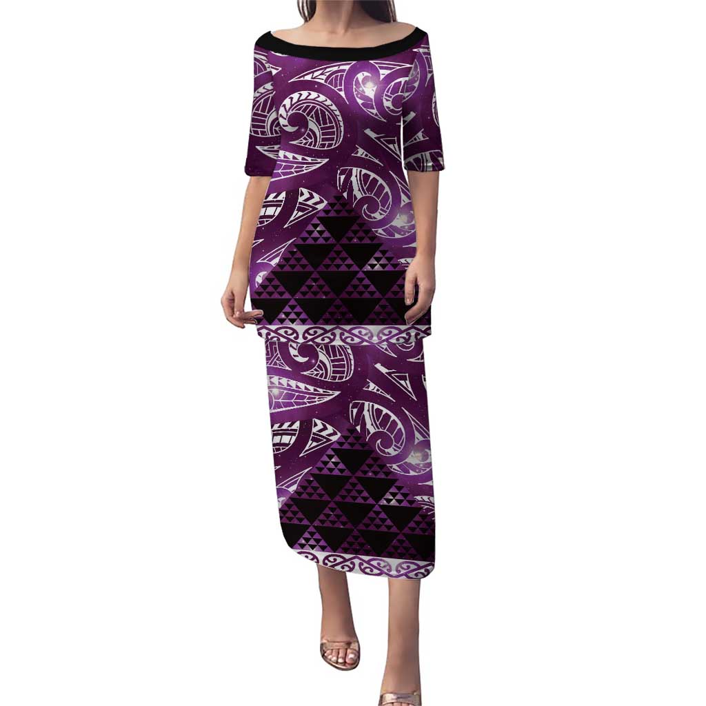 Matariki New Zealand Puletasi NZ Niho Taniwha Maori New Year Purple Galaxy LT14 Long Dress Purple - Polynesian Pride