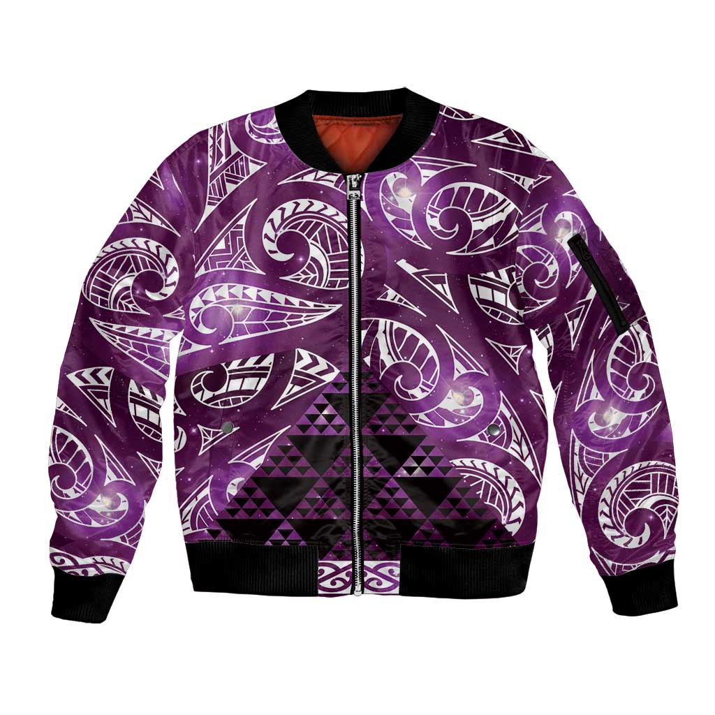 Matariki New Zealand Sleeve Zip Bomber Jacket NZ Niho Taniwha Maori New Year Purple Galaxy LT14 Unisex Purple - Polynesian Pride
