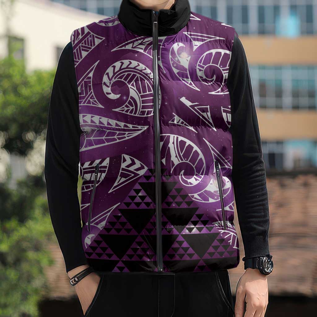 Matariki New Zealand Sleeveless Puffer Jacket NZ Niho Taniwha Maori New Year Purple Galaxy LT14 - Polynesian Pride