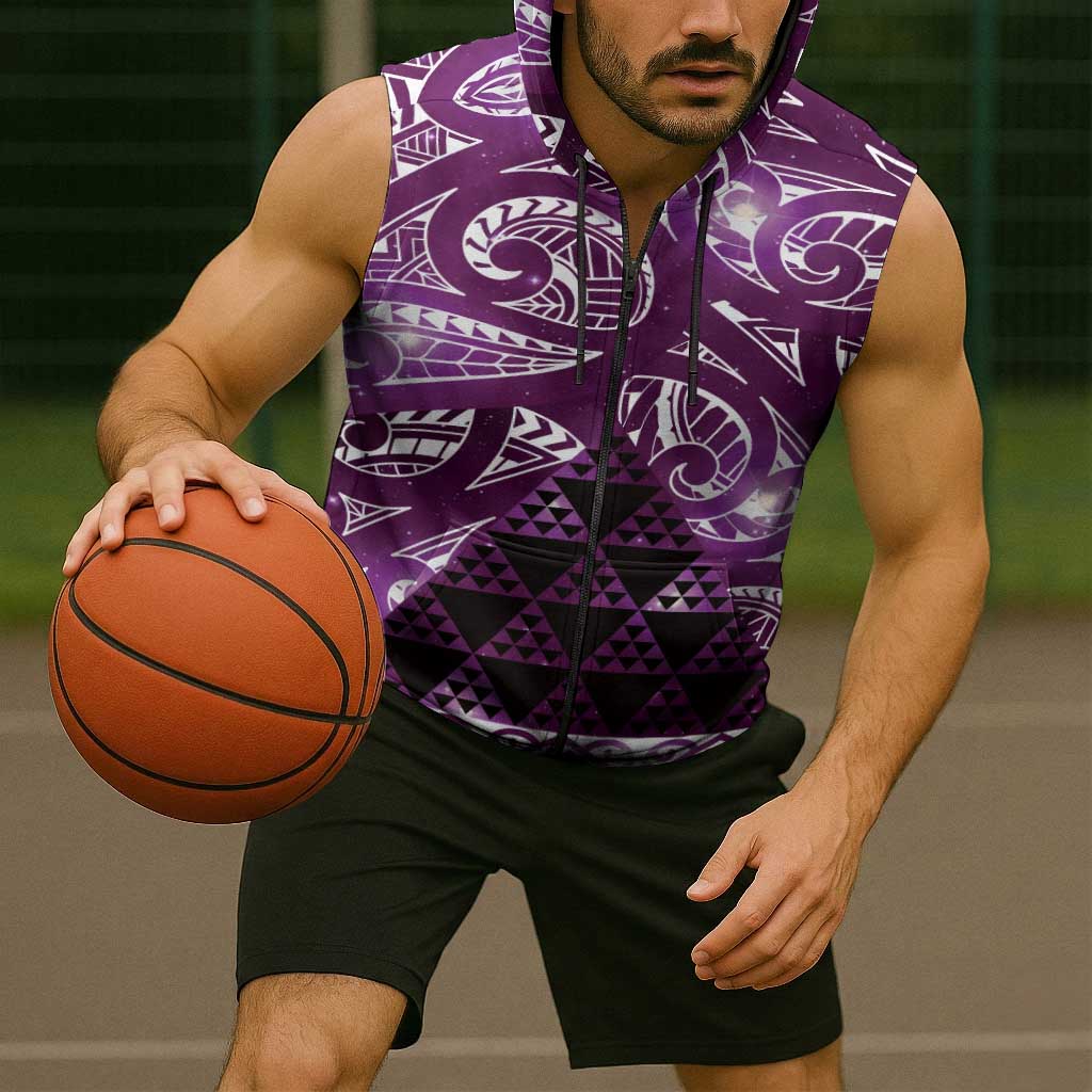Matariki New Zealand Sleeveless Zip Hoodie NZ Niho Taniwha Maori New Year Purple Galaxy