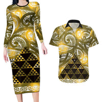 Matariki New Zealand Couples Matching Long Sleeve Bodycon Dress and Hawaiian Shirt NZ Niho Taniwha Maori New Year Yellow Galaxy