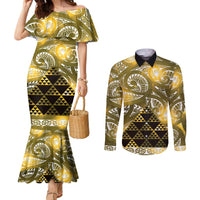 Matariki New Zealand Couples Matching Mermaid Dress and Long Sleeve Button Shirt NZ Niho Taniwha Maori New Year Yellow Galaxy