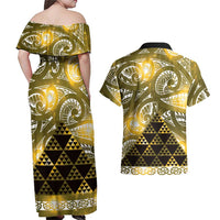 Matariki New Zealand Couples Matching Off Shoulder Maxi Dress and Hawaiian Shirt NZ Niho Taniwha Maori New Year Yellow Galaxy