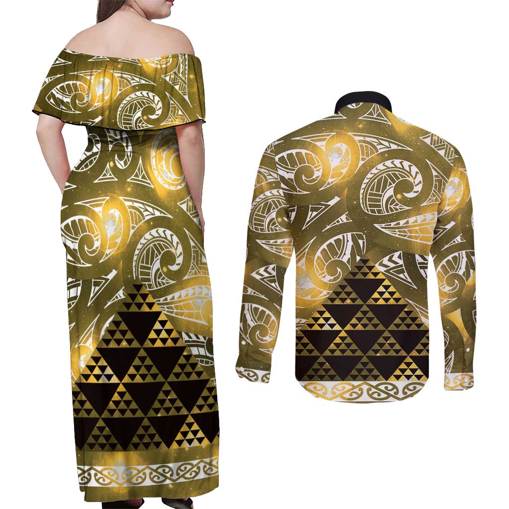 Matariki New Zealand Couples Matching Off Shoulder Maxi Dress and Long Sleeve Button Shirt NZ Niho Taniwha Maori New Year Yellow Galaxy