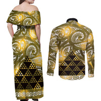 Matariki New Zealand Couples Matching Off Shoulder Maxi Dress and Long Sleeve Button Shirt NZ Niho Taniwha Maori New Year Yellow Galaxy
