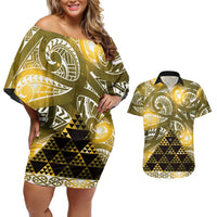 Matariki New Zealand Couples Matching Off Shoulder Short Dress and Hawaiian Shirt NZ Niho Taniwha Maori New Year Yellow Galaxy