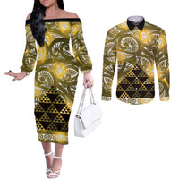 Matariki New Zealand Couples Matching Off The Shoulder Long Sleeve Dress and Long Sleeve Button Shirt NZ Niho Taniwha Maori New Year Yellow Galaxy