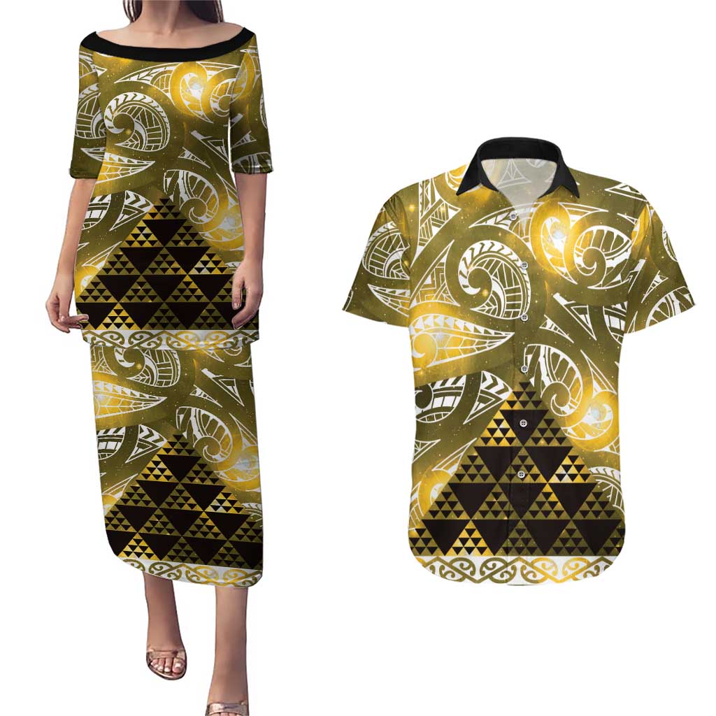 Matariki New Zealand Couples Matching Puletasi and Hawaiian Shirt NZ Niho Taniwha Maori New Year Yellow Galaxy