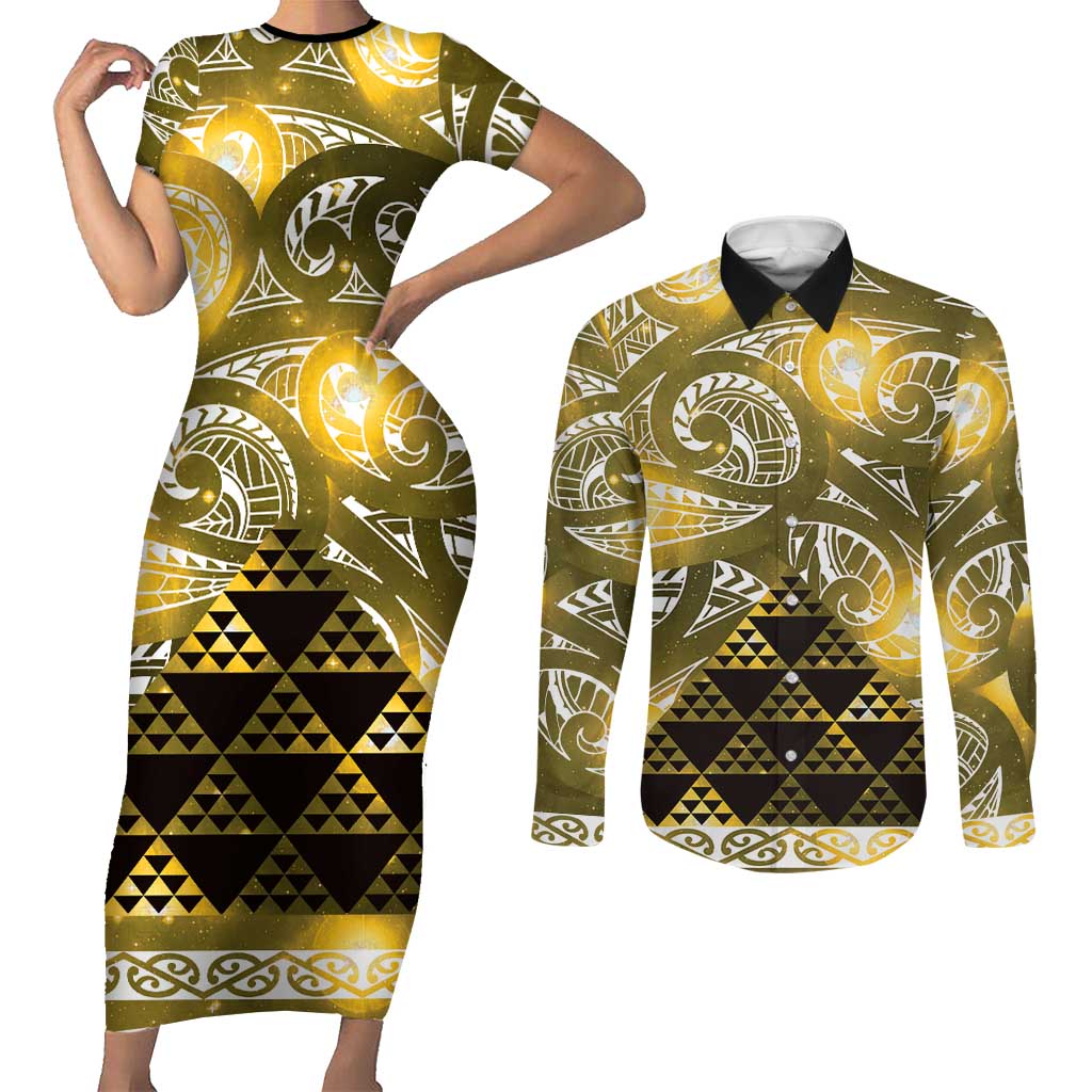 Matariki New Zealand Couples Matching Short Sleeve Bodycon Dress and Long Sleeve Button Shirt NZ Niho Taniwha Maori New Year Yellow Galaxy
