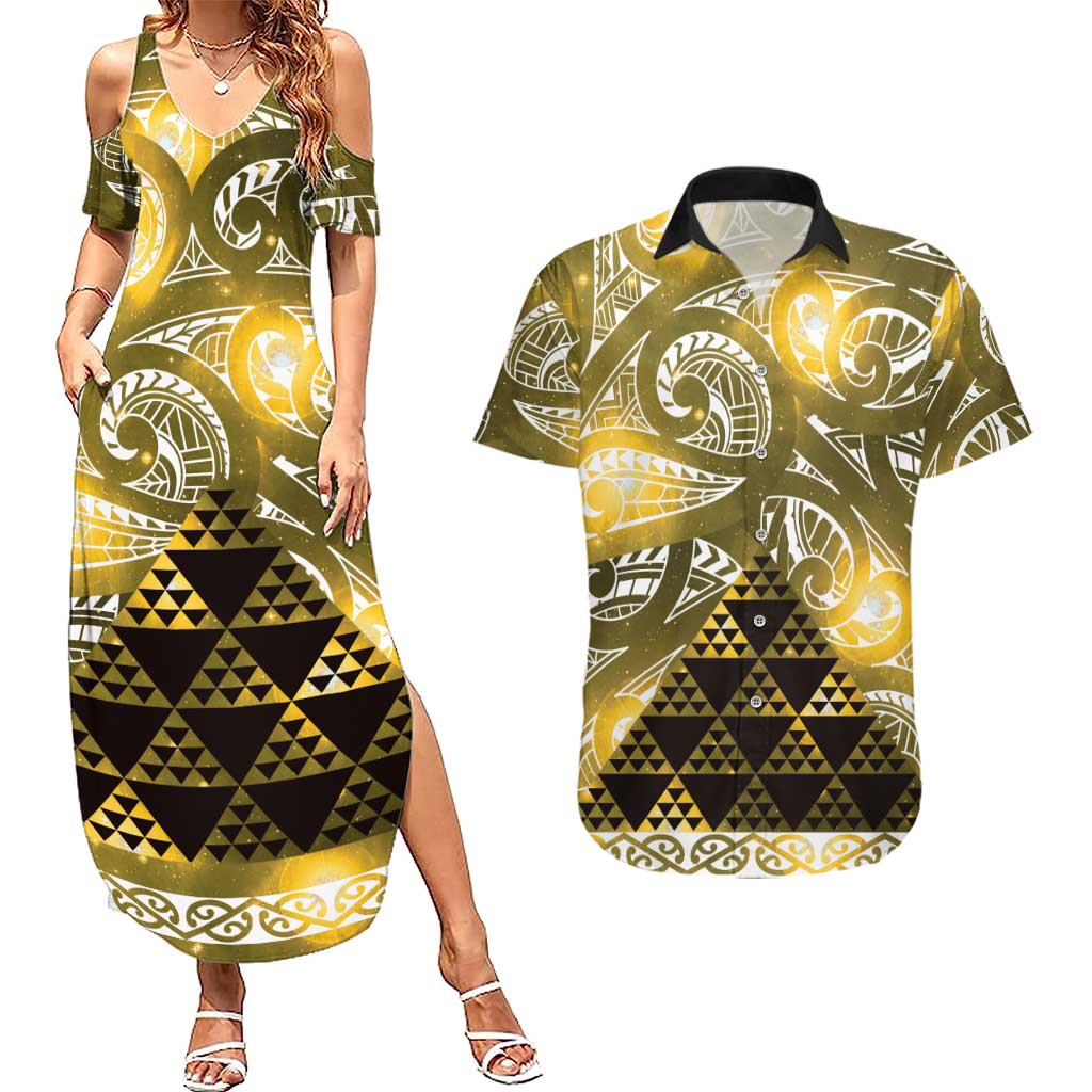 Matariki New Zealand Couples Matching Summer Maxi Dress and Hawaiian Shirt NZ Niho Taniwha Maori New Year Yellow Galaxy