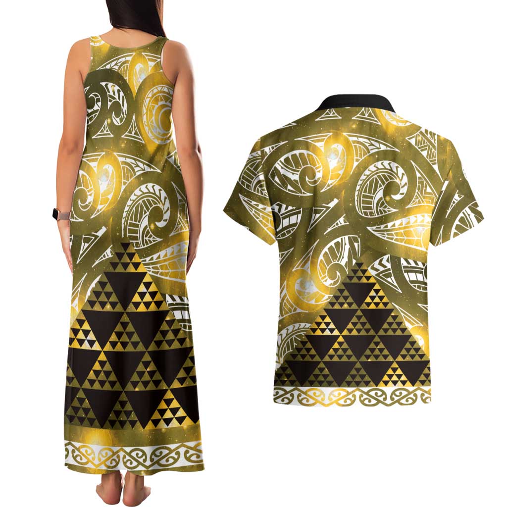 Matariki New Zealand Couples Matching Tank Maxi Dress and Hawaiian Shirt NZ Niho Taniwha Maori New Year Yellow Galaxy