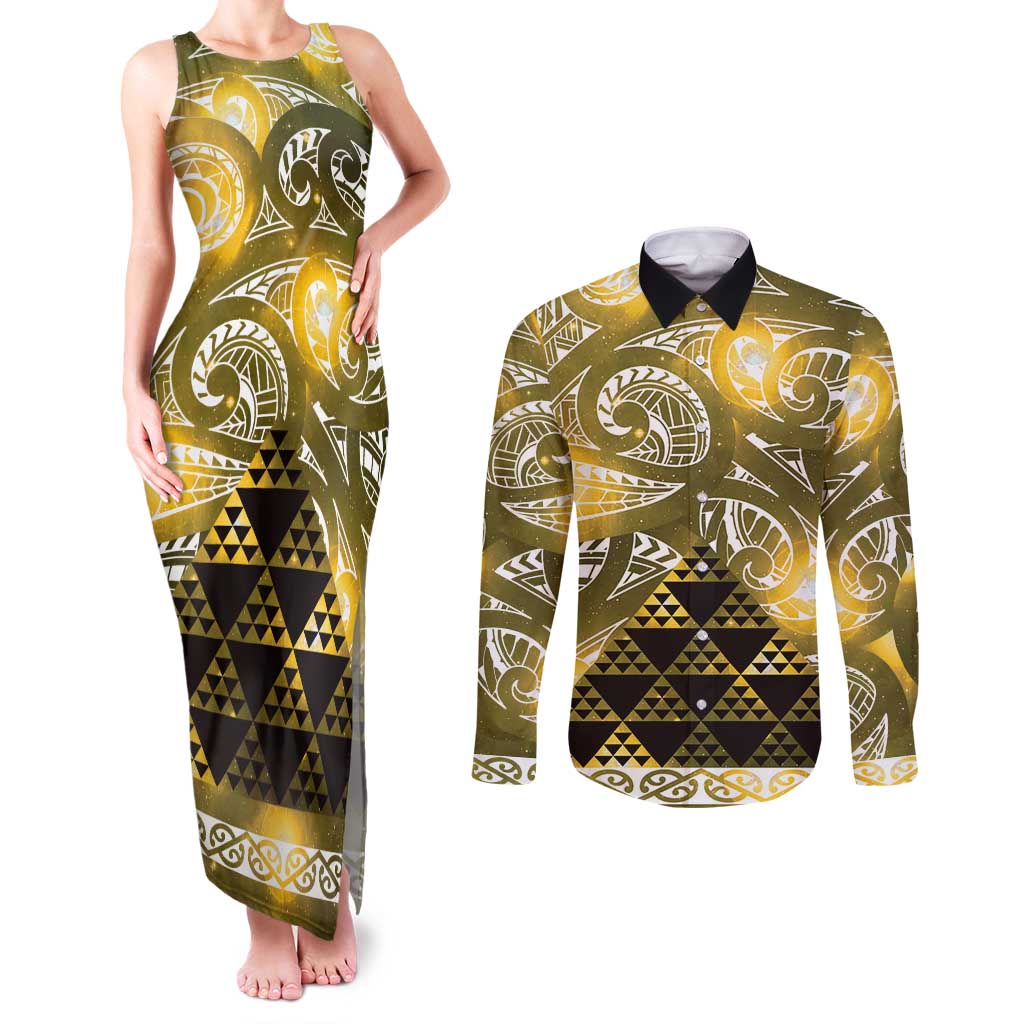 Matariki New Zealand Couples Matching Tank Maxi Dress and Long Sleeve Button Shirt NZ Niho Taniwha Maori New Year Yellow Galaxy