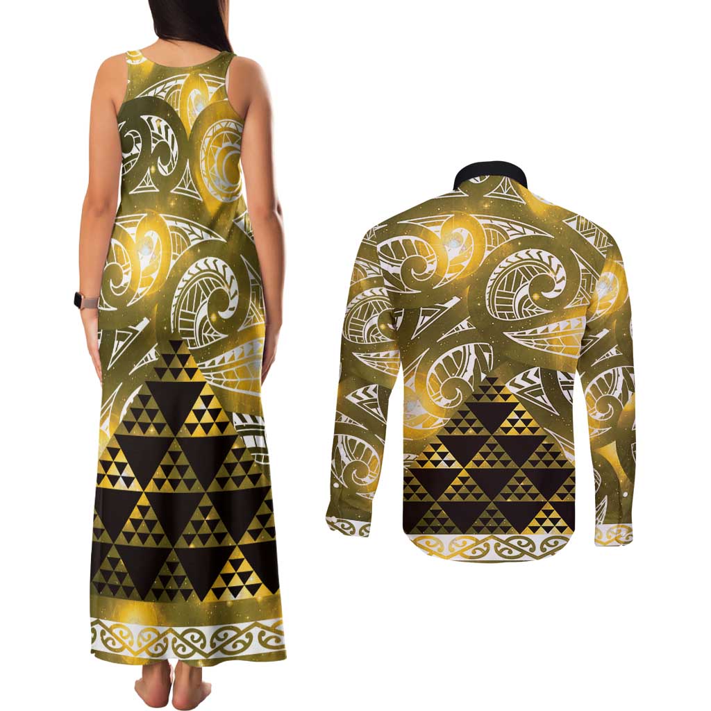 Matariki New Zealand Couples Matching Tank Maxi Dress and Long Sleeve Button Shirt NZ Niho Taniwha Maori New Year Yellow Galaxy