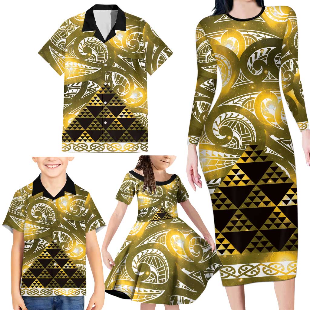 Matariki New Zealand Family Matching Long Sleeve Bodycon Dress and Hawaiian Shirt NZ Niho Taniwha Maori New Year Yellow Galaxy