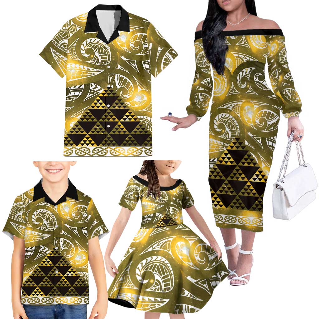 Matariki New Zealand Family Matching Off The Shoulder Long Sleeve Dress and Hawaiian Shirt NZ Niho Taniwha Maori New Year Yellow Galaxy