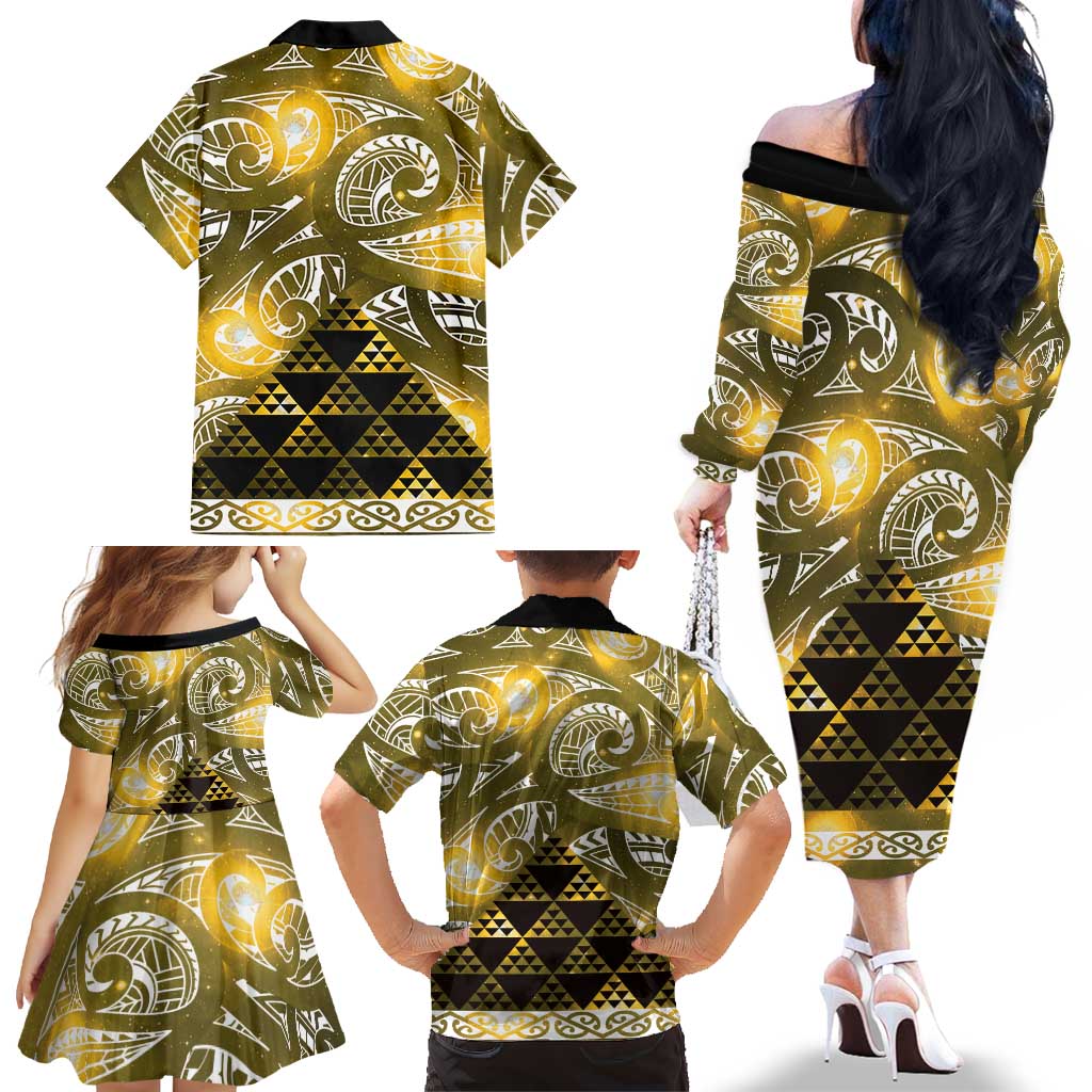 Matariki New Zealand Family Matching Off The Shoulder Long Sleeve Dress and Hawaiian Shirt NZ Niho Taniwha Maori New Year Yellow Galaxy